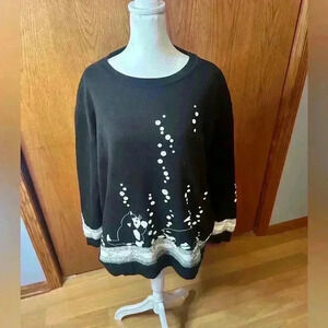 Vintage Active Elements Womens Sweater Cat And Fish Pattern XL Black And White